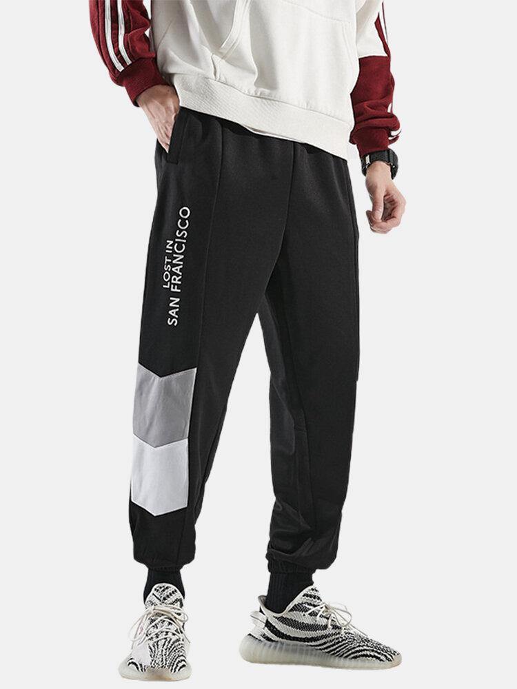Mens Letter Print Stitching Cotton Drawstring Cuffed Jogger Pants With Pocket - Trendha