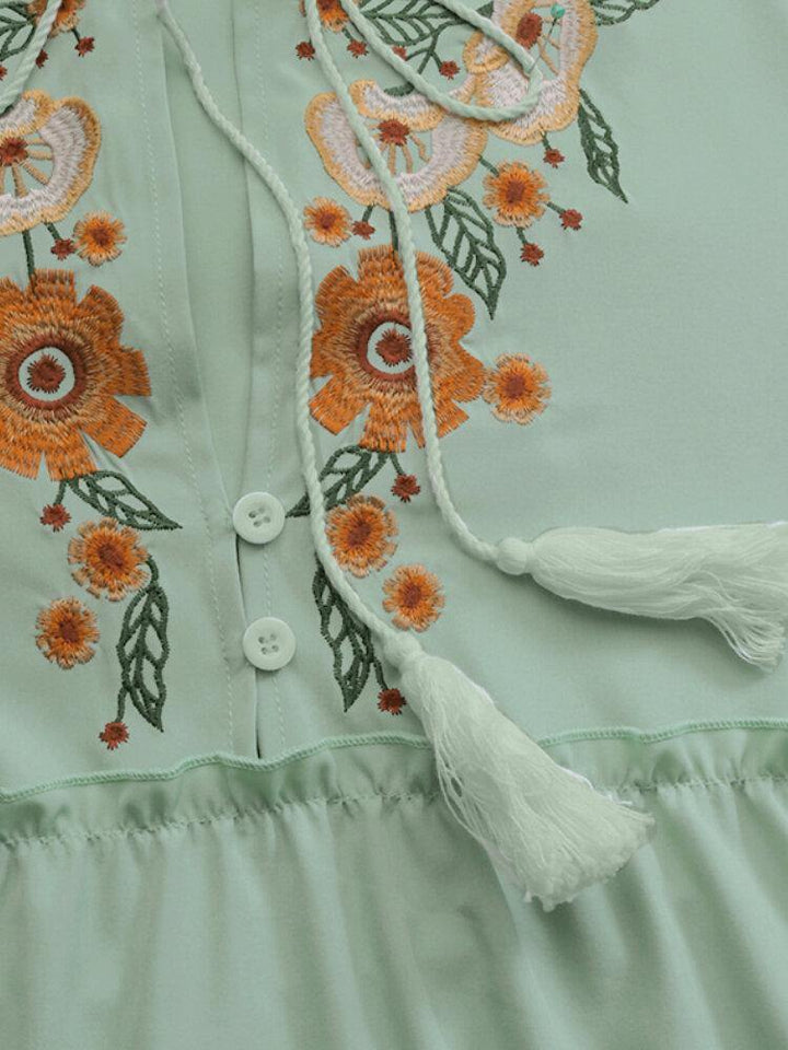 Women Floral Embroidery Tassel Tie Neck Lettuce Trim Casual Long Sleeve Mini Dresses - Trendha