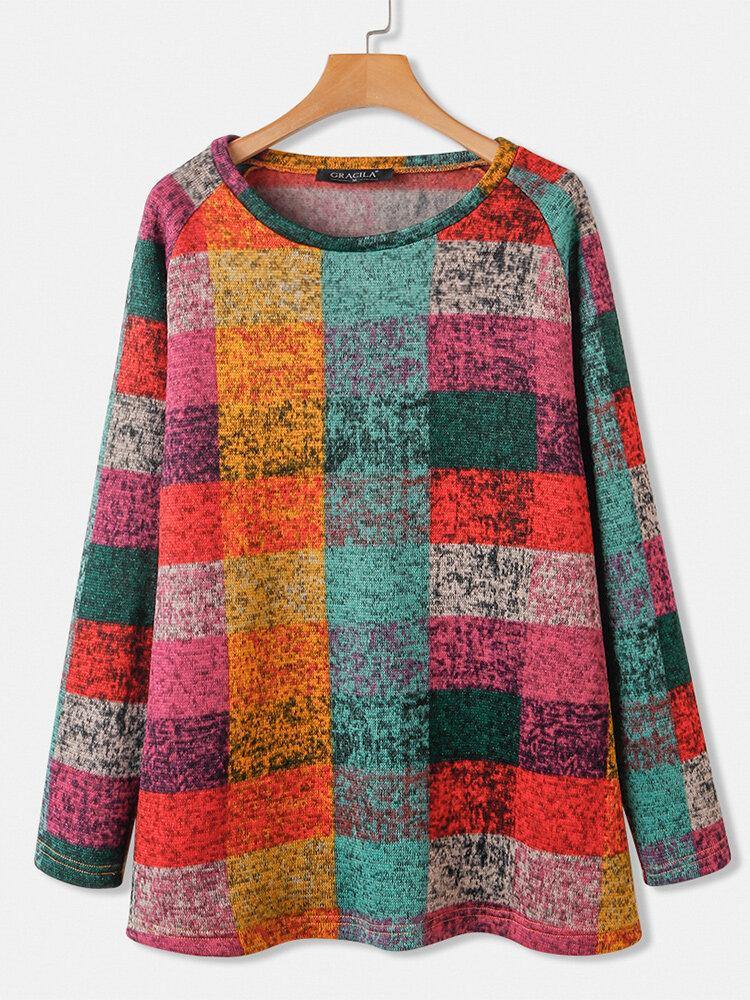 Women Color Block Round Neck Raglan Sleeve Vintage Casual Sweatshirts - Trendha