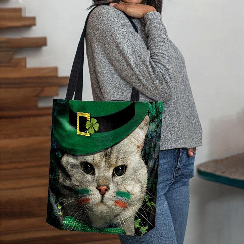 Women Clover Cat Pattern Print Happy St Patrick Day Shoulder Bag Handbag Tote - Trendha