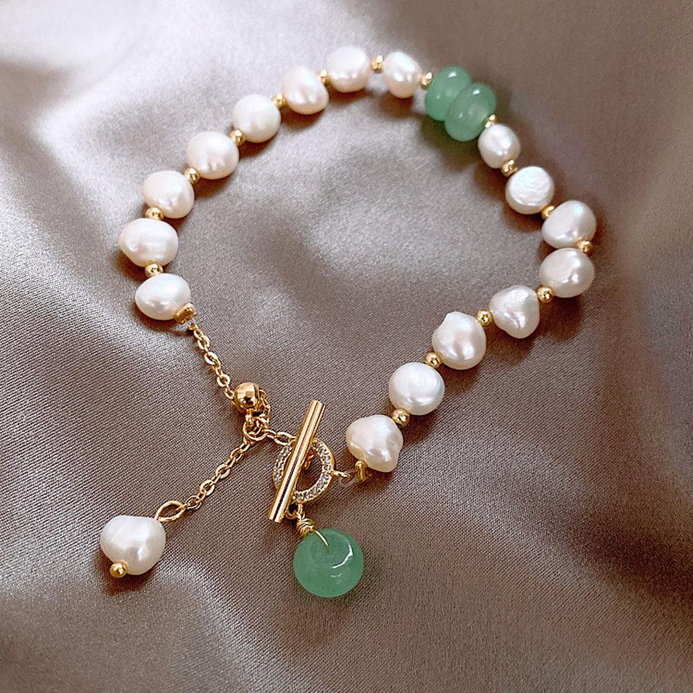 Pearl-Style Bead Bracelet with Green Accents