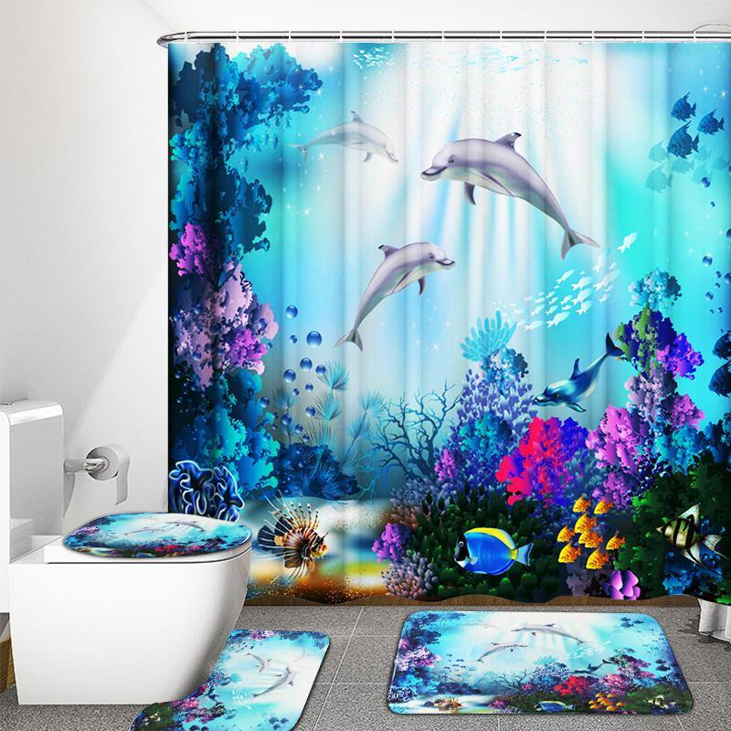 1/3/4 Pcs Sea Style Dolphin Waterproof Shower Curtain Set Toilet Cover Mat Bathroom Non-Slip Mat Pedestal Rug Kit - Trendha