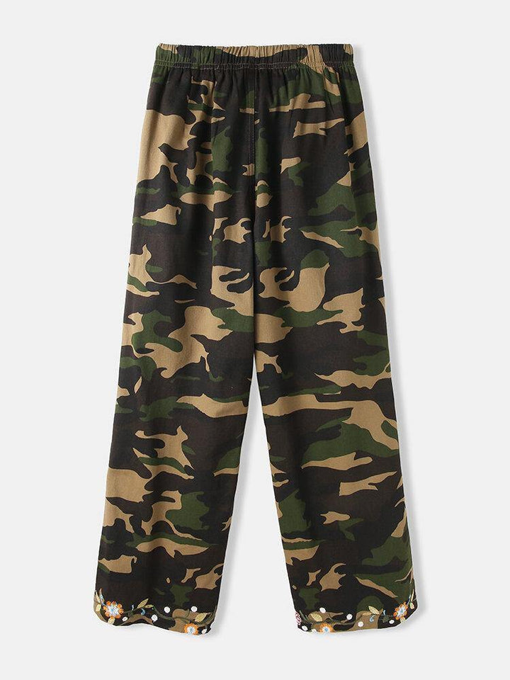 Women Camouflage Floral Print Drawstring Mid Waist Casual Pants With Pocket - Trendha