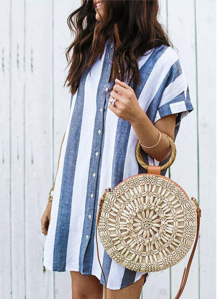 Linen Striped Print Front Button Stand Collar Short Sleeve Casual Dress - Trendha
