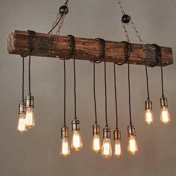 10 Lights E27 110V Wood Beam Industrial Pendant Light Hanging Ceiling Lamp Vintage Without Bulbs - Trendha
