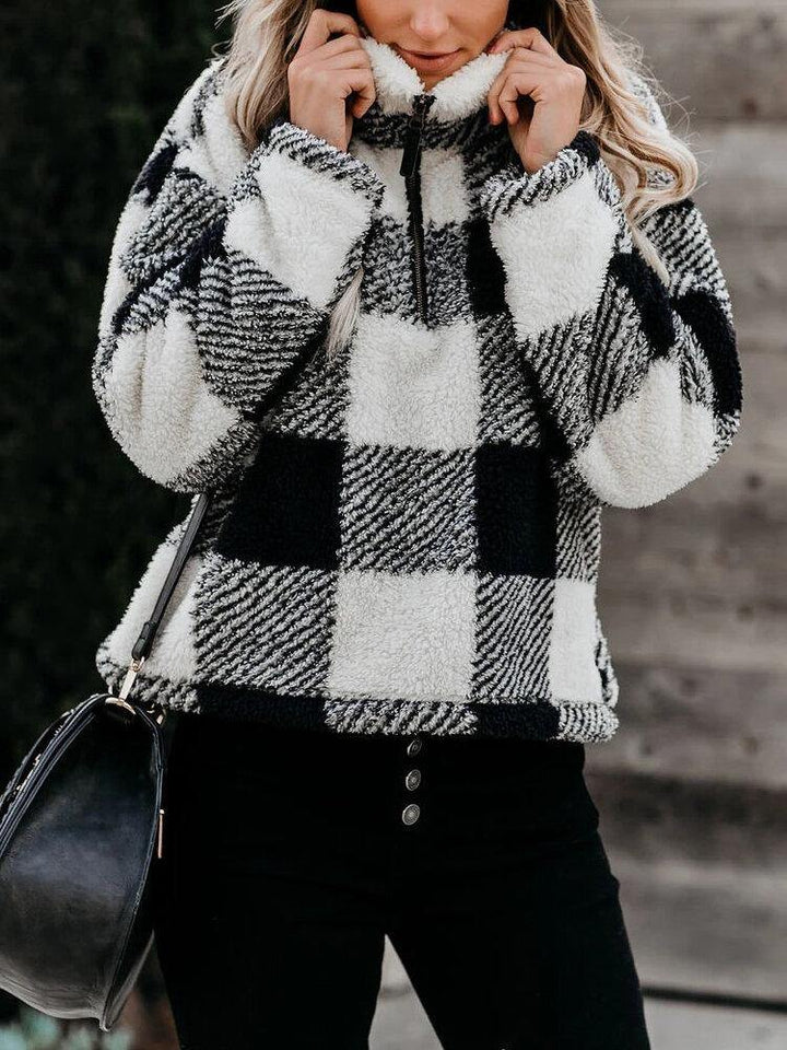 Women Plaid Print Half Zipper Front Pullover Sweatshirts Warm Coats - Trendha
