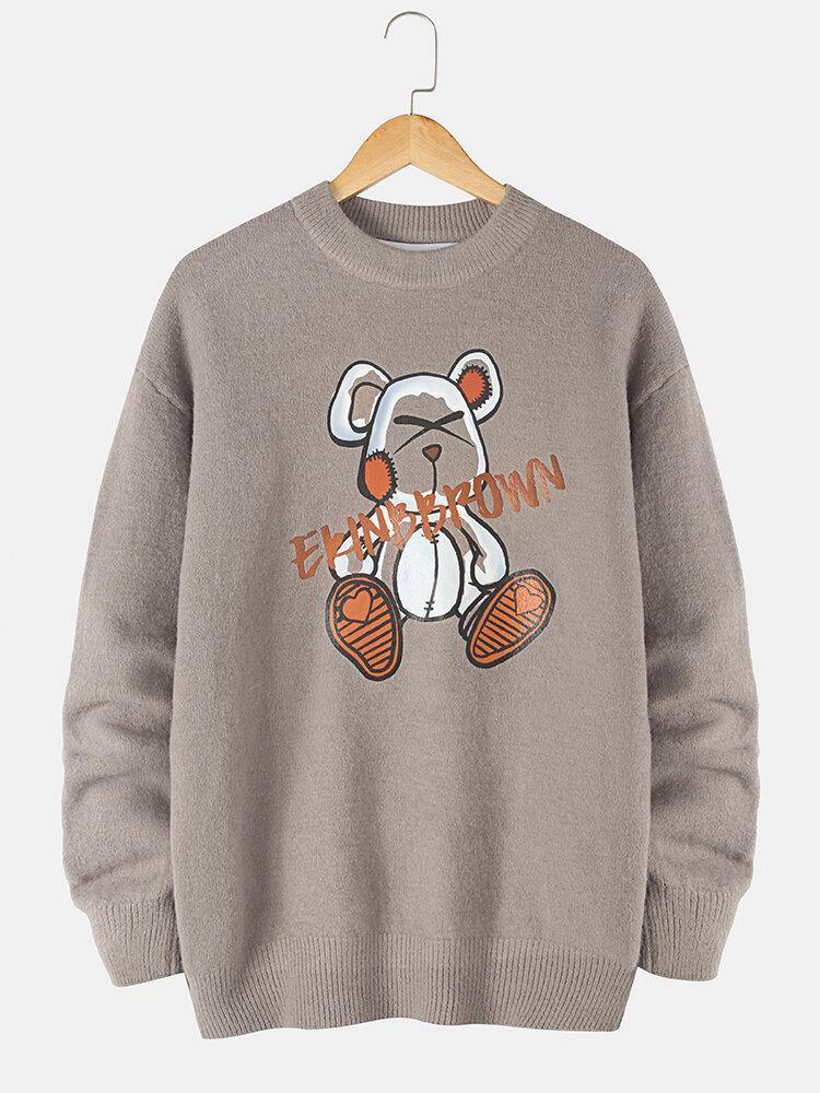 Mens Cartoon Bear Letter Print Crew Neck Knit Pullover Sweaters - Trendha