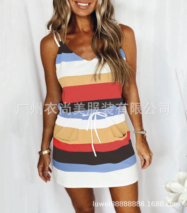 Fashion Stripe Drawstring Dress Summer Dress Loose Sleeveless Dress Women's Comfortable Casual Outfits Wear - Trendha