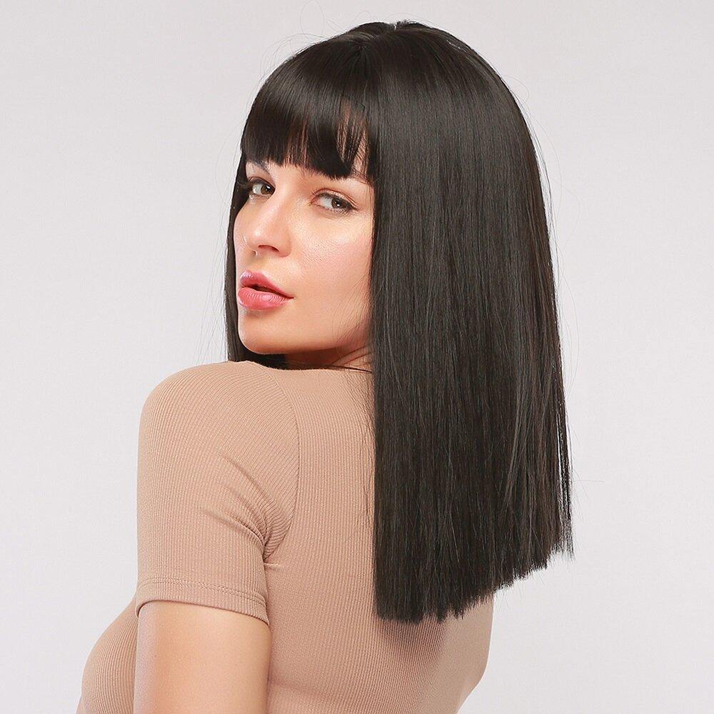 16 Inch Black Medium Length Straight Hair Natural Shawl Breathable Bangs Synthetic Wigs - Trendha