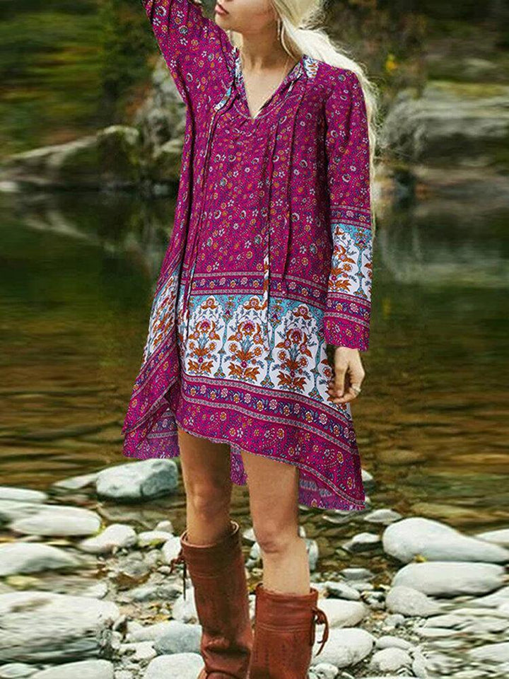 Ethnic Floral Print Lace-Up High Low Hem Bohemian Casual Long Sleeve Women Dress - Trendha