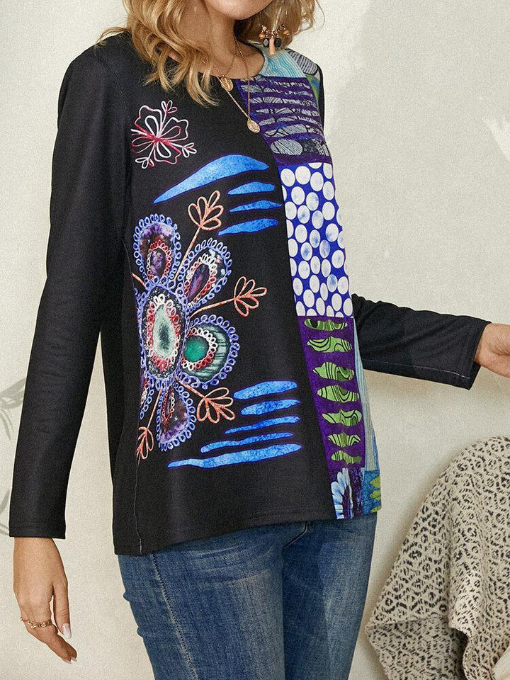 Women Ethnic Style Print Round Neck Long Sleeve Black Blouse - Trendha