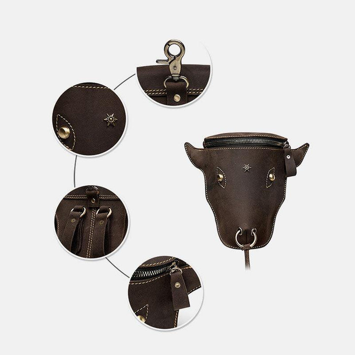 Men Cow Head Shape Large Capacity Genuine Leather Crazy Horse Leather 7 Inch Vintage Waist Bag Leg Bag - Trendha