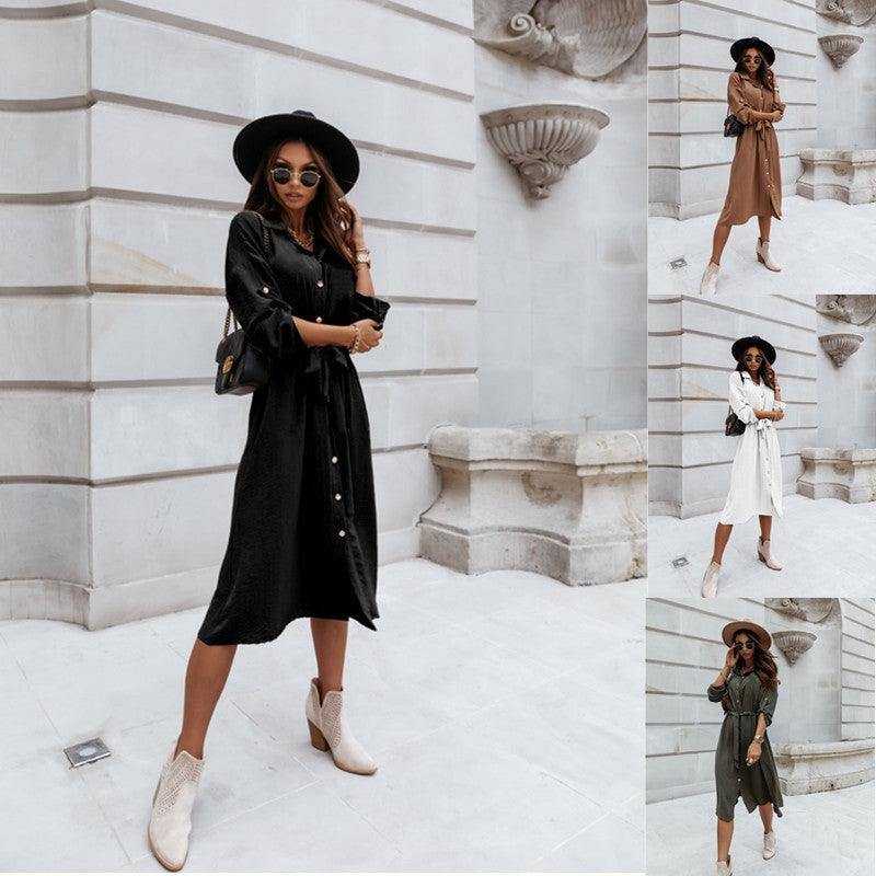 Round sleeve V-neck Button Waist lace up dress