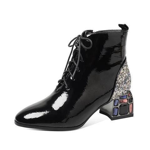 New Rhinestone Thick Heel Patent Leather Sequins - Trendha