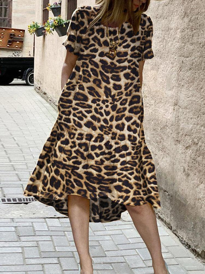 Casual Leopard Print Round Neck Loose Irregular Hem Dress With Pocket - Trendha