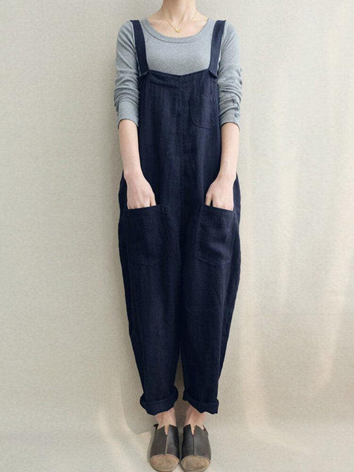 Women Solid Color Cotton Strappy Pocket Loose Harem Jumpsuit - Trendha