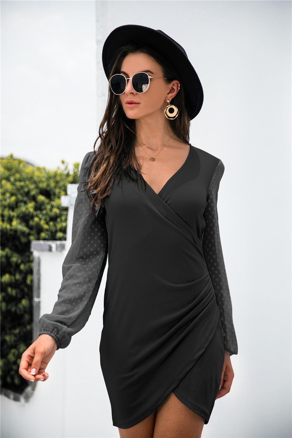 Contrast Mesh Sleeve Wrap Front Dress - Trendha