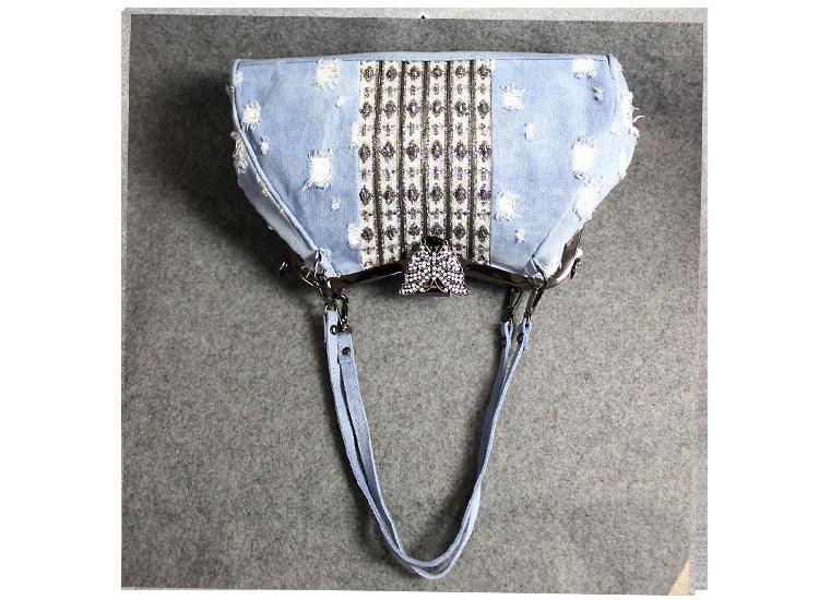 Light Blue Denim Butterfly Clip Diamond Crossbody Bag - Trendha