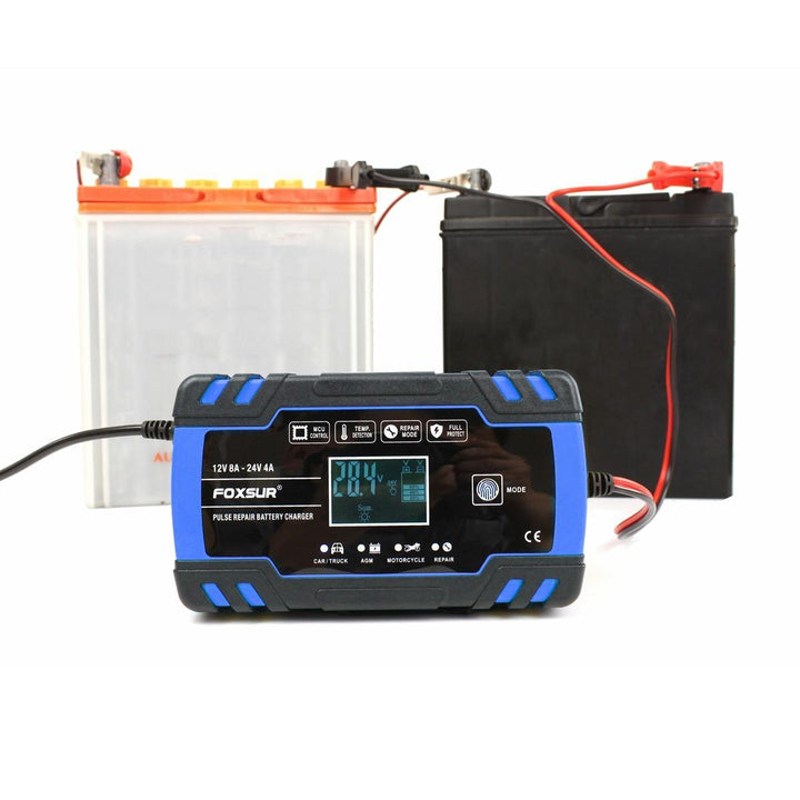 FOXSUR™ 12/24V 8A/4A Touch Screen Pulse Repair LCD Battery Charger Blue For Car Motorcycle Lead Acid Battery Agm Gel Wet - Trendha