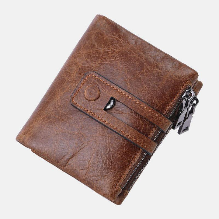 Men Genuine Leather Zipper RFID Blocking Anti-theft Retro Business Card Holder Wallet - Trendha