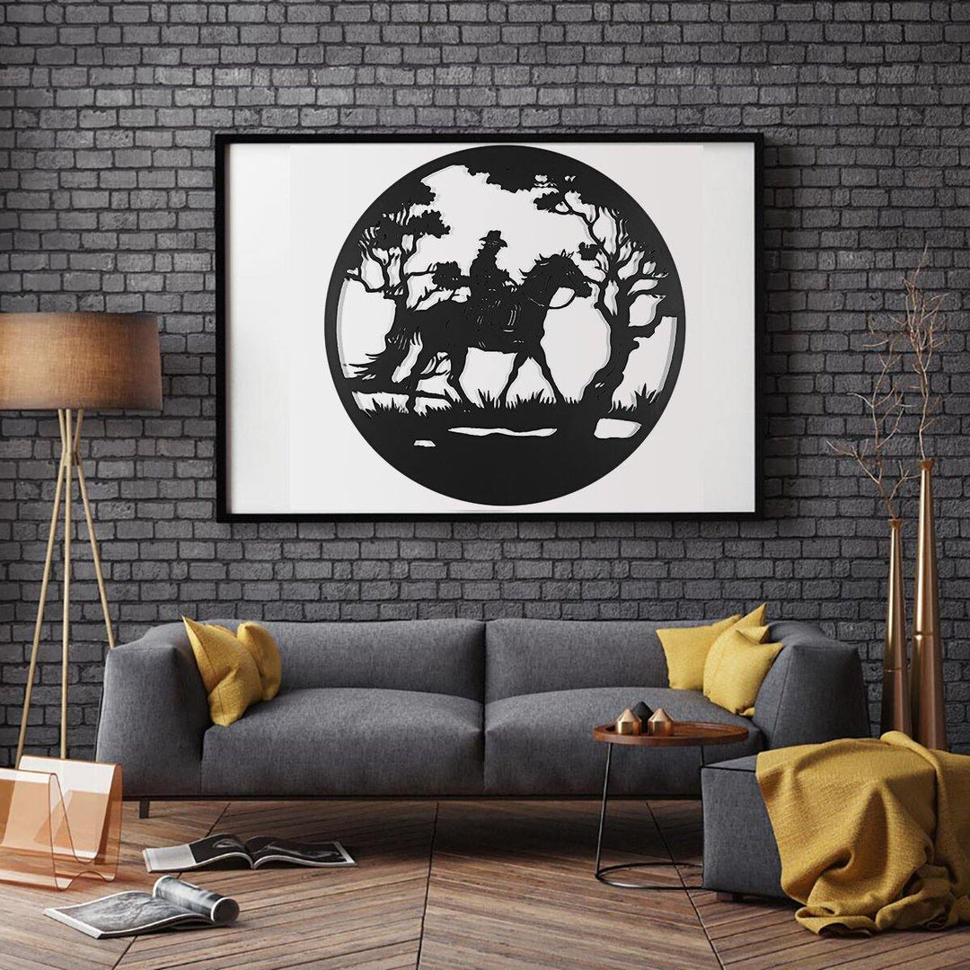 Man Riding Horse In Forest Round Black Metal Wall Hanging Art Decoration Room - Trendha