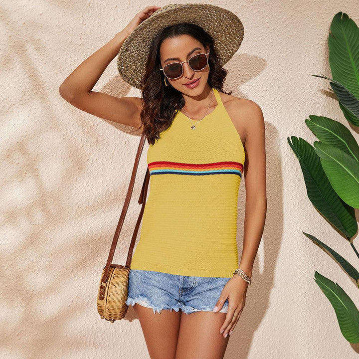Women's Clothing Rainbow Color-blocking Halter Top Fashion Backless Knitted Lace-up Vest - Trendha