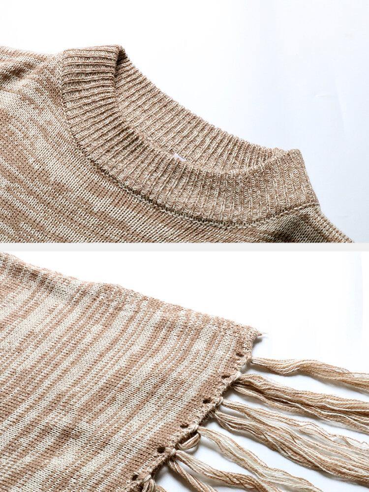 Women Plain Solid Color Knitted Tassel Hem Pullover Sweater - Trendha