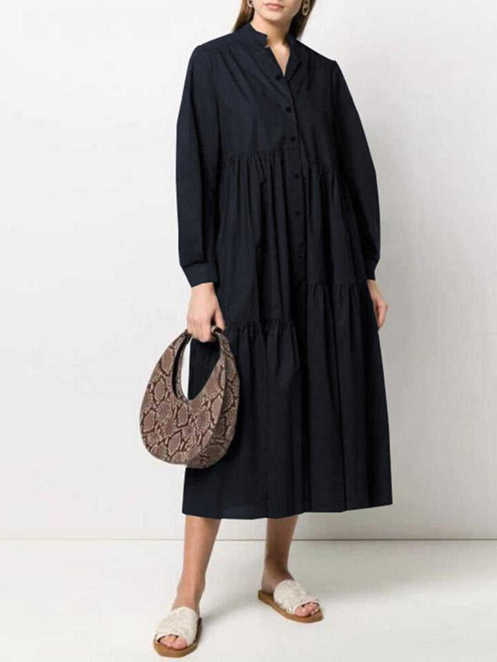 Women Stylish Irregular Layered Stand Collar Puff Sleeve Solid Color Midi Dress - Trendha
