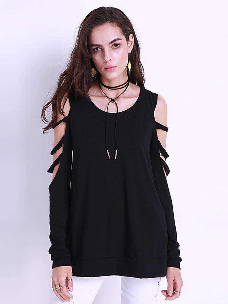 Sexy Women Off Shoulder Tops Loose Hollow Out Long Sleeve Shirts - Trendha