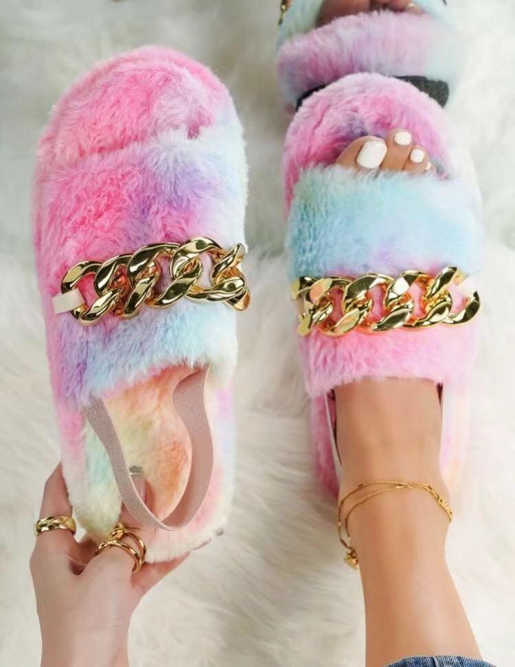 Leopard Print Casual Ethnic Style Flat Metal Chain Leopard Print Plush Slippers - Trendha