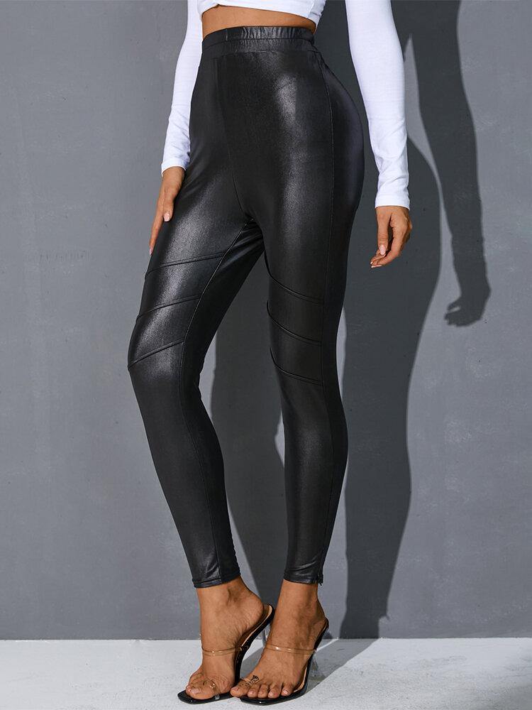 Women Solid Color PU Leather Bodycon Stylish Casual Leggings - Trendha