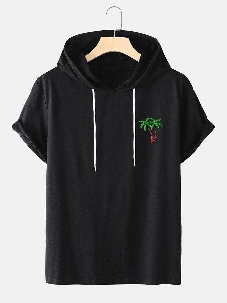 Mens Coconut Tree Hooded Chest Print Casual T-Shirts - Trendha