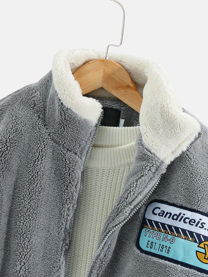 Mens Fleece Patched Contrast Stand Collar Casual Warm Jacket - Trendha