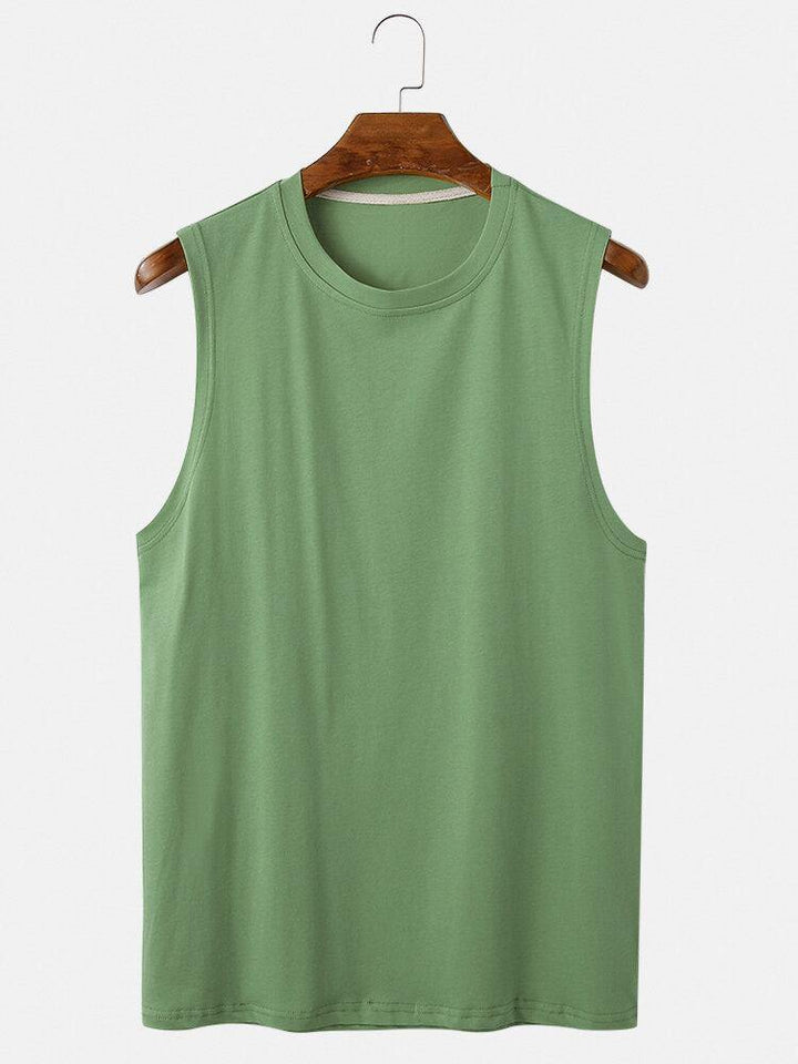 Mens Cotton Breathable Solid Color Round Neck Casual Tank Tops - Trendha