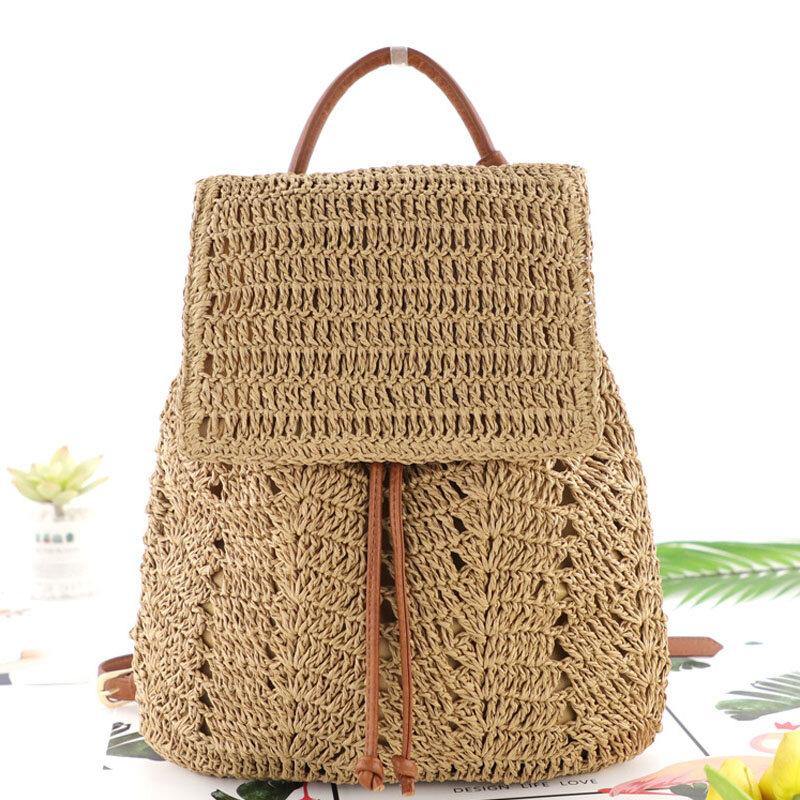 Women Mori Series String Straw Bag Dual-use Woven Bag Retro Beach Bag Backpack - Trendha