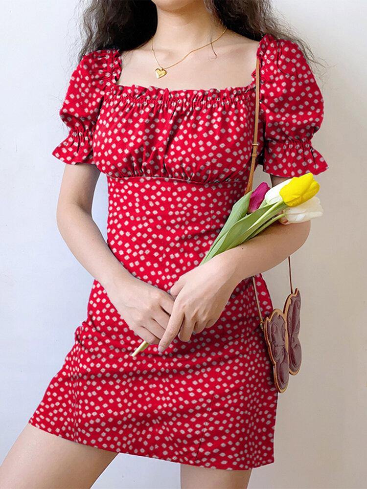 Floral Print Square Collar Pleating Short Sleeve Mini Dress - Trendha