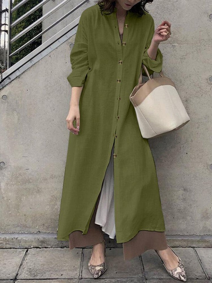 Women Casual Solid Color Stand Collar Long Sleeve Button Shirt Dress - Trendha