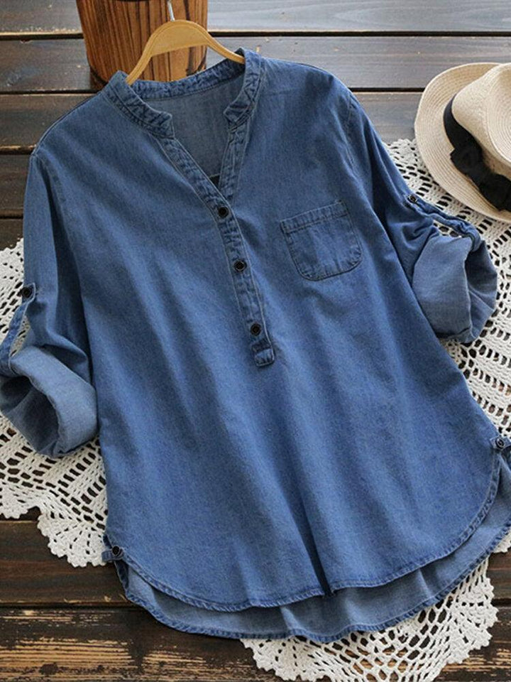 Women's Casual Adjustable Sleeve Denim Blouse - Button Detailing for Stylish Comfort - Trendha