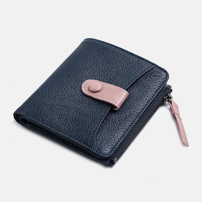 Women Genuine Leather Bifold Hasp Zipper Multifunction Coin Purse Money Clip Short Wallet - Trendha