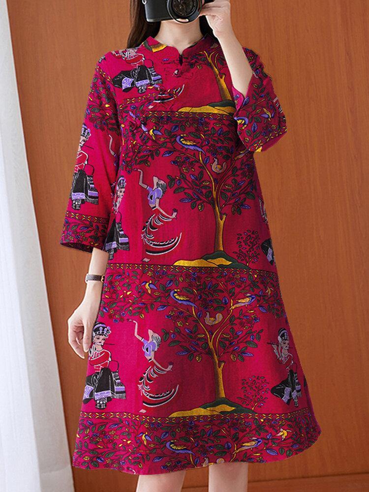 Ethnic Floral Figure Print Stand Collar Long Sleeve Vintage Shirt Dress With Pocket - Trendha