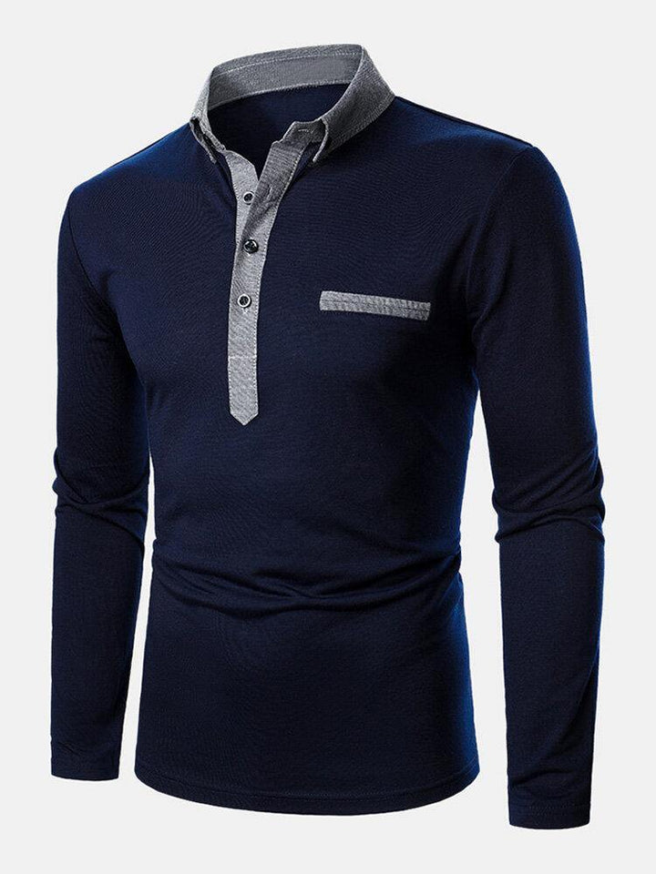 Mens Two Tone Lapel Casual Long Sleeve Golf Shirts With Pocket - Trendha