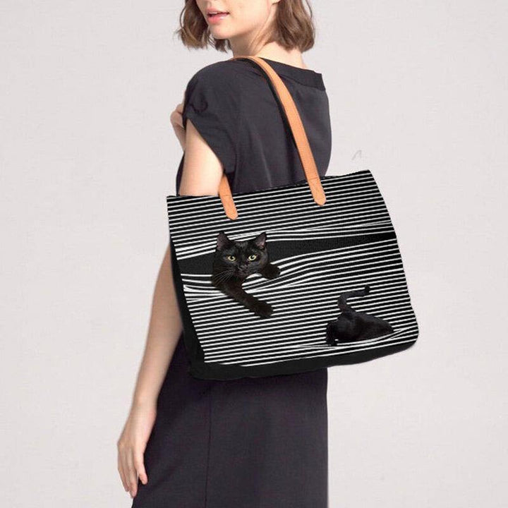 Women Canvas Large Capacity Stripe Three-dimensional Cartoon Cute Cat Handbag Shoulder Bag Tote - Trendha
