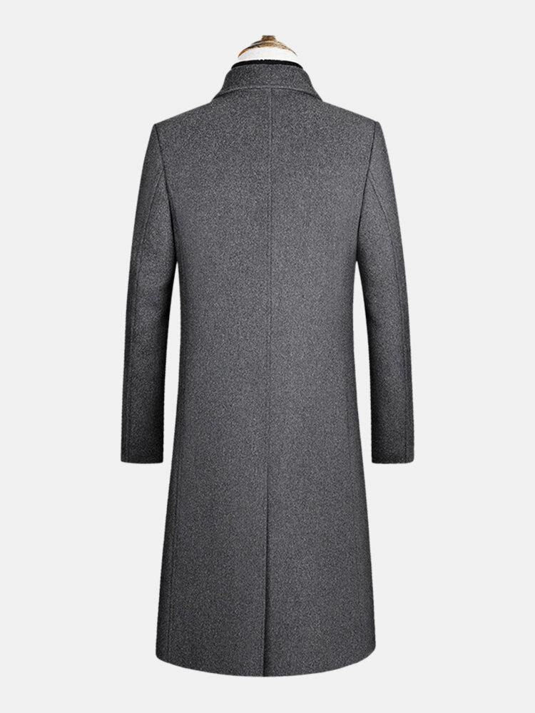 Mens Woolen Single-Breasted Flat Collar Casual Long Trench Coats With Flap Pocket - Trendha
