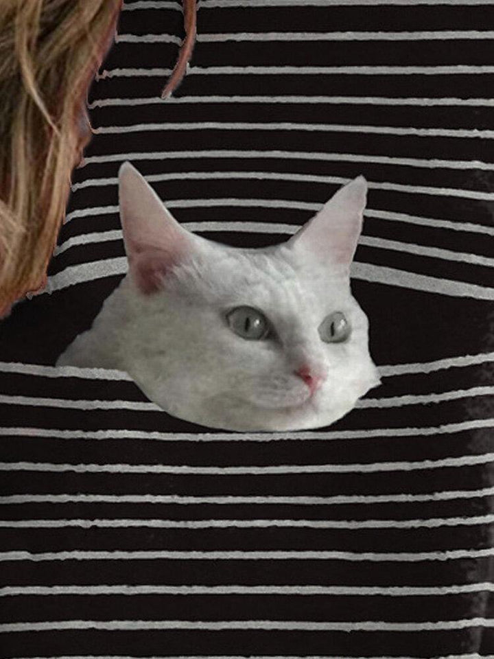 Women Stripe Cat Print Pullover Black Casual Sweatshirts - Trendha