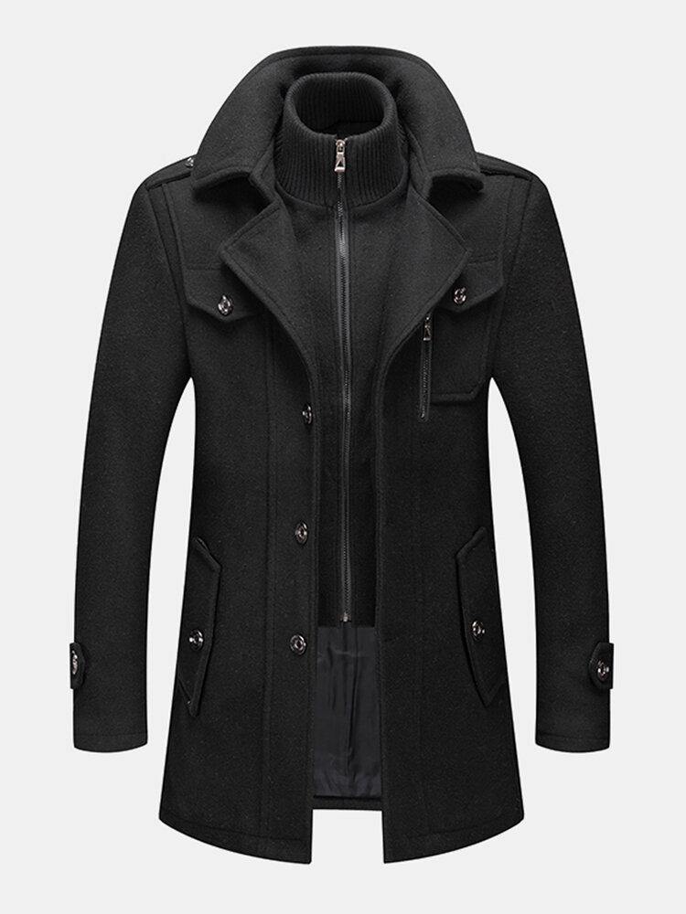 Mens Woolen Double Collar Thick Single-Breasted Casual Warm Overcoat ...