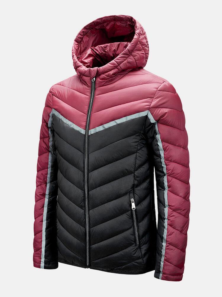 Mens Contrast Color Patchwork Warm Pocket Zipper Hooded Down Jacket - Trendha