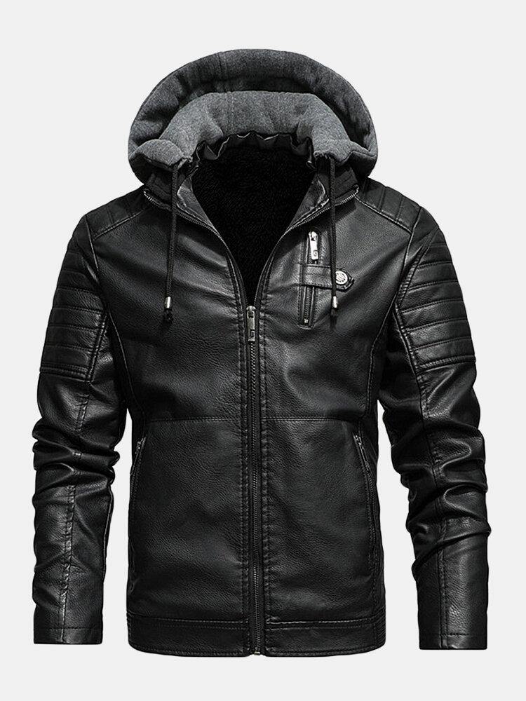 Mens PU Leather Plus Velvet Zip Front Thicken Hooded Jackets With Zipped Welt Pockets - Trendha