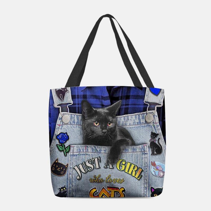 Women Canvas Three-dimensional 3D Cute Black Cat Handbag Tote Shoulder Bag - Trendha