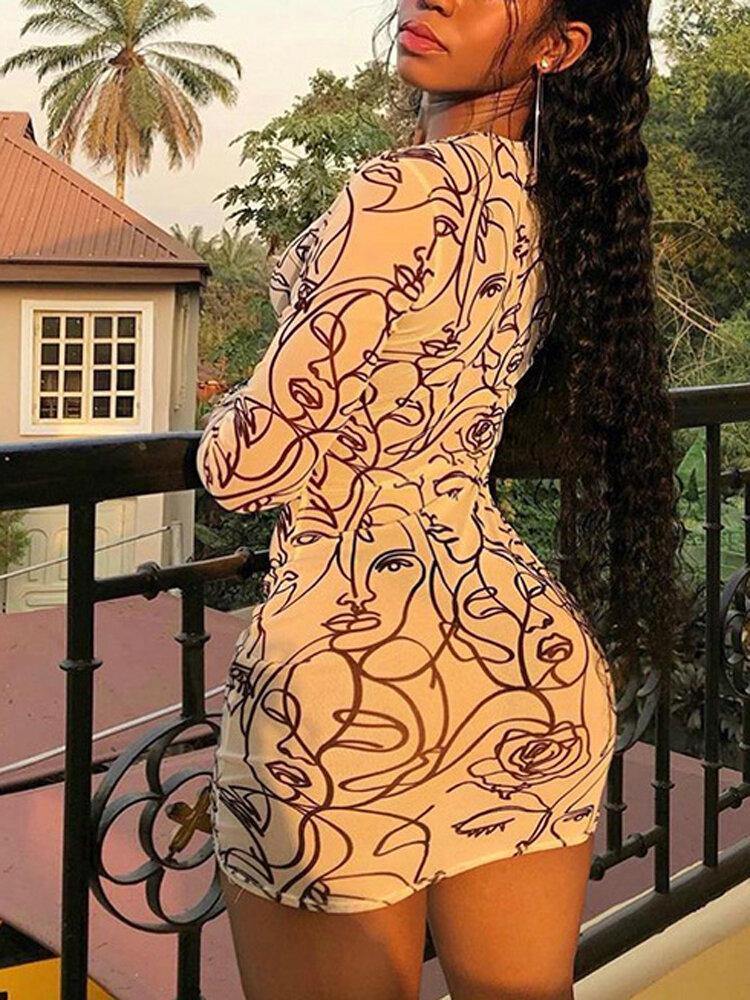 Stick Figure Portrait Print Perspective Bodycon Dress - Trendha