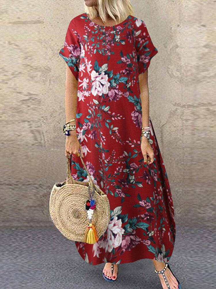 Women 100% Cotton O-Neck Floral Print Leisure Dress With Side Pockets - Trendha